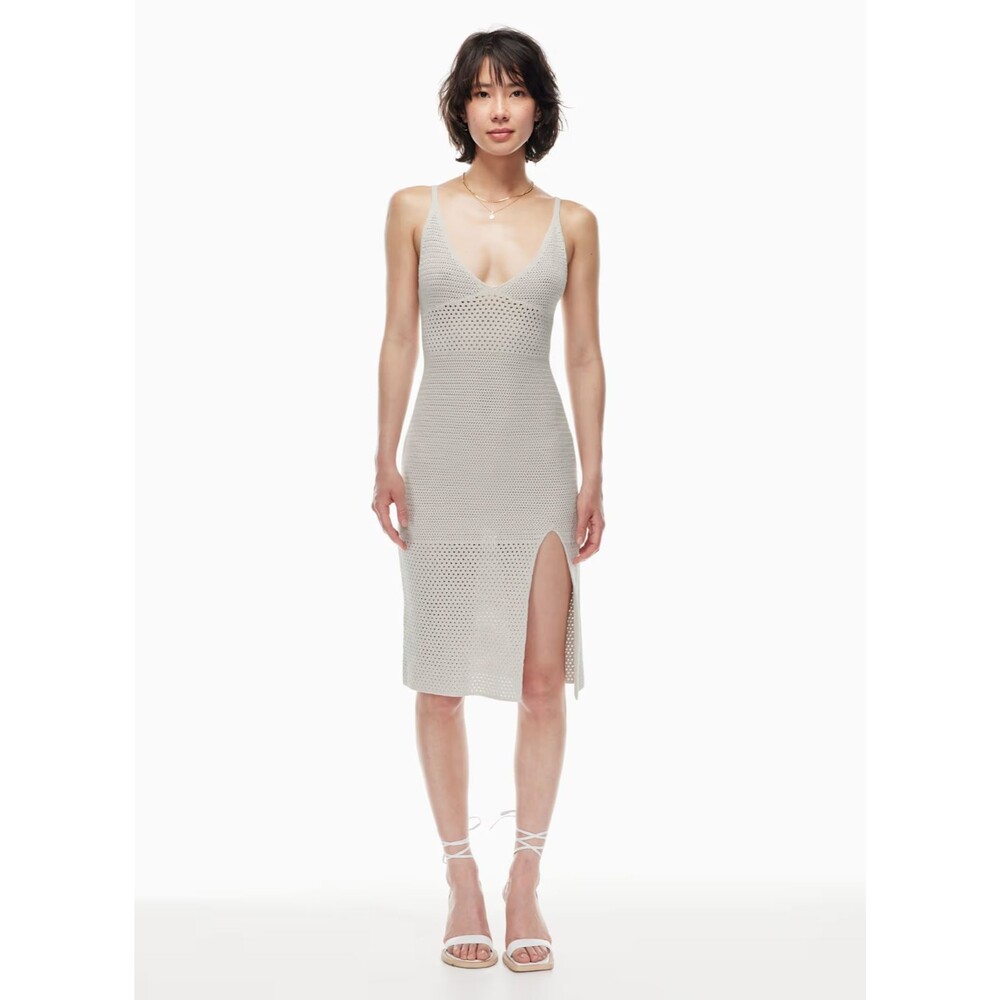 Aritzia Wilfred Cream Cotton Crochet V-Neck Midi Dress with slit M Resort Casual
